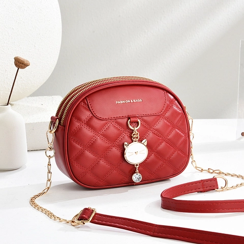 Women Quilted PU Leather Crossbody Bag Small Square Shoulder Bag Metal Chain Cute Cat Pendant Rhinestone Multi Zipper