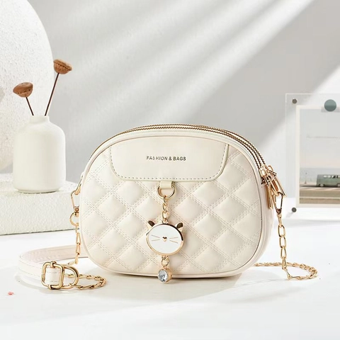 Women Quilted PU Leather Crossbody Bag Small Square Shoulder Bag Metal Chain Cute Cat Pendant Rhinestone Multi Zipper