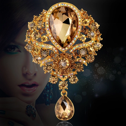 Vintage Alloy Crystal Rhinestone Brooch Pin With Water Drop Pendant Luxury Victorian Style Jewelry For Women