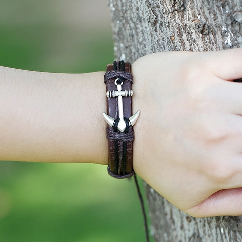 Vintage Braided Leather Bracelet With Alloy Anchor Pendant Nautical Punk Style Adjustable For Men Women