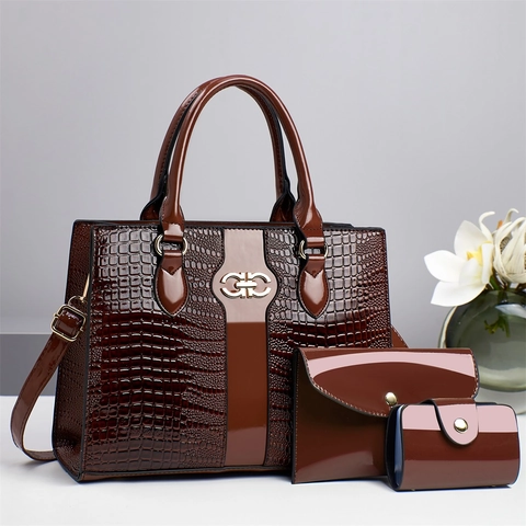 Retro Crocodile Embossed PU Leather Tote Envelope Clutch And Card Holder Glossy Patent Finish Double Handle Women