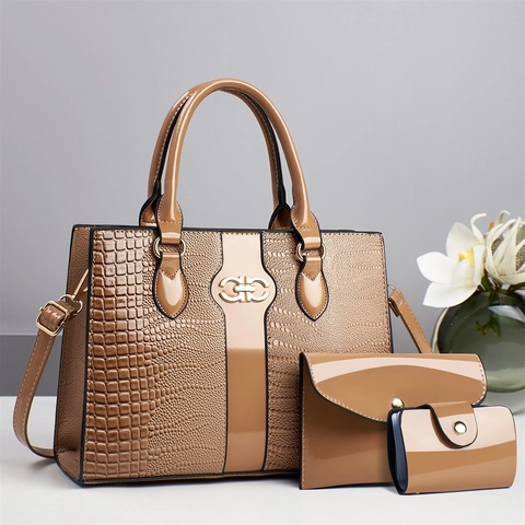 Damen Handtaschen Kollektion Krokodilmuster PU Leder Glänzend Tragetasche Clutch Und Kartenhalter Mode Streetwear