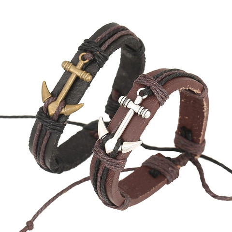 Vintage Braided Leather Bracelet With Alloy Anchor Pendant Nautical Punk Style Adjustable For Men Women