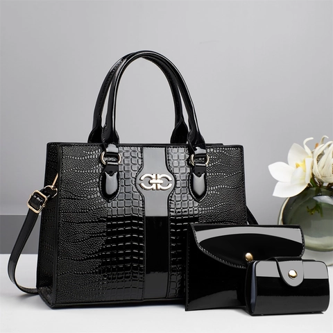 Retro Crocodile Embossed PU Leather Tote Envelope Clutch And Card Holder Glossy Patent Finish Double Handle Women