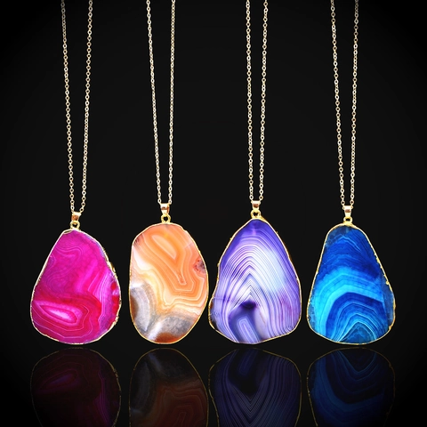 Natural Agate Stone Slice Pendant Necklace Irregular Geometrical Alloy Gold Edge Bohemia Style Jewelry For Women