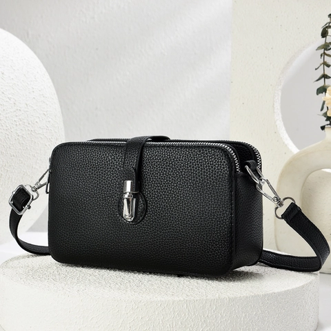 Women Crossbody Bag Litchi Grain PU Leather Multi Zipper Layer Square Shoulder Purse Chic Minimalist For Daily Use