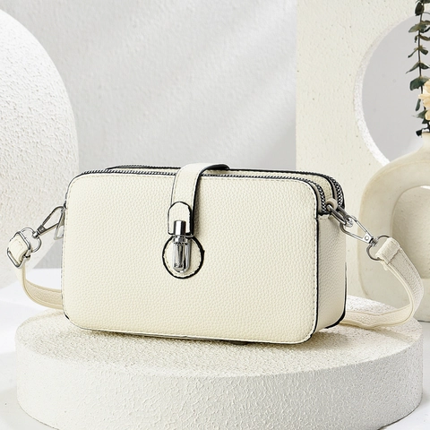 Women Crossbody Bag Litchi Grain PU Leather Multi Zipper Layer Square Shoulder Purse Chic Minimalist For Daily Use