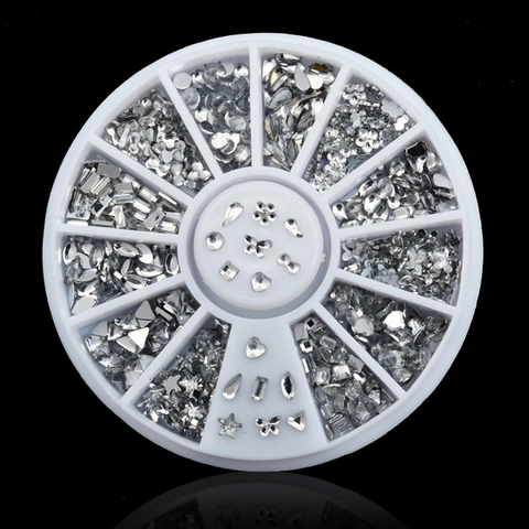 Diamantes De Imitación Para Uñas Acrílico Transparente Plata Formas Mixtas Corazón Estrella Mariposa Flor Decoraciones De Manicura Organizador Redondo