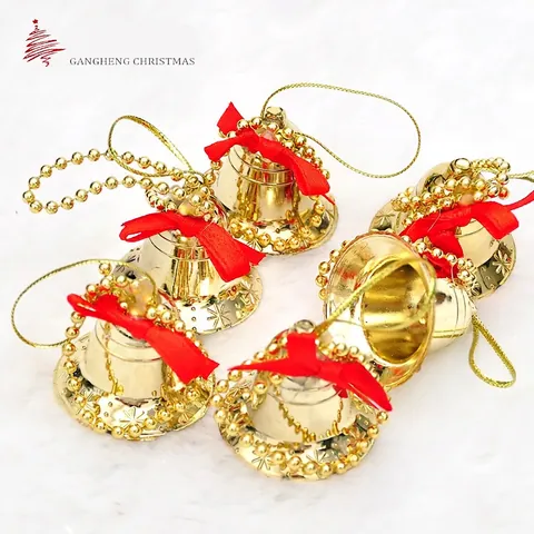 Christmas Bell Pendants Electroplated Plastic Ribbon Bows Bead Chains Snowflake Embossed Holiday Tree Hanging Ornaments