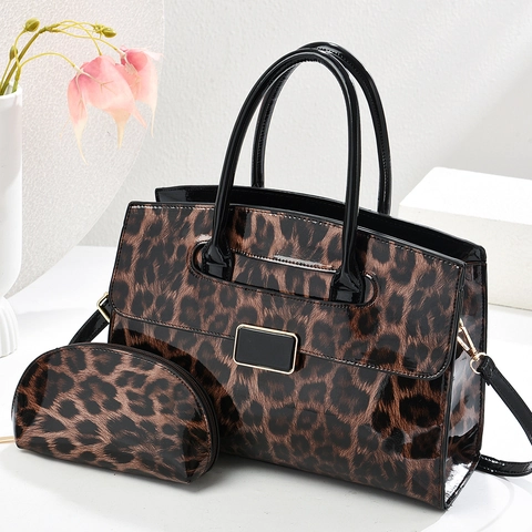 Sac À Main Et Pochette Assortie Imprimé Léopard Cuir Verni PU Brillant Sac À Bandoulière Mode Vintage Grande Capacité Femmes