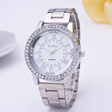Women Fashion Quartz Watch Luxury Rhinestone Bezel Alloy Case Analog Wristwatch With Roman Numerals Ladies Elegant Timepiece