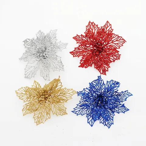 Glitzer Hohl Poinsettia Weihnachtsbaum Blume Ornament Festliche Party Dekoration Kunststoff Pailletten Floral Dekor
