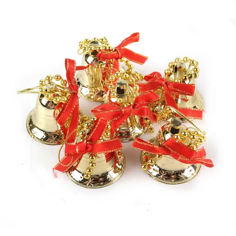 Christmas Bell Pendants Electroplated Plastic Ribbon Bows Bead Chains Snowflake Embossed Holiday Tree Hanging Ornaments
