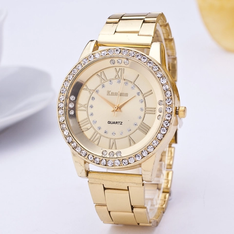 Women Fashion Quartz Watch Luxury Rhinestone Bezel Alloy Case Analog Wristwatch With Roman Numerals Ladies Elegant Timepiece