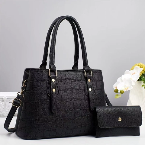 Borsa Mano Pelle PU Motivo Coccodrillo E Portafoglio Coordinato Borsa Tracolla Grande Capacità Borchie Oro