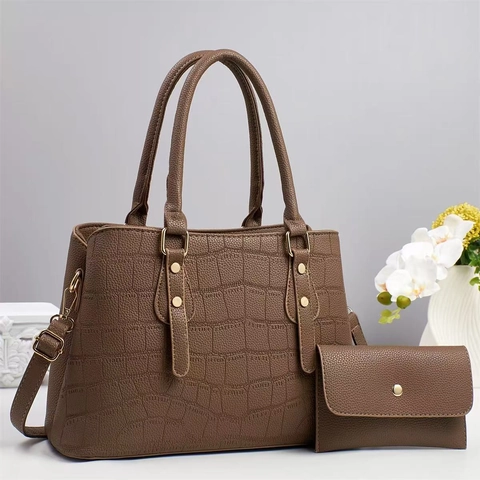 Borsa Mano Pelle PU Motivo Coccodrillo E Portafoglio Coordinato Borsa Tracolla Grande Capacità Borchie Oro