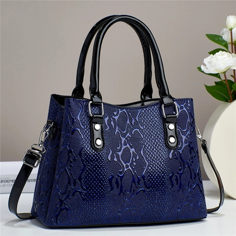 Borsa a Mano da Donna alla Moda con Motivo Serpente in Rilievo in Pelle PU Grande Capacità Borsa a Tracolla Elegante Hardware Argentato