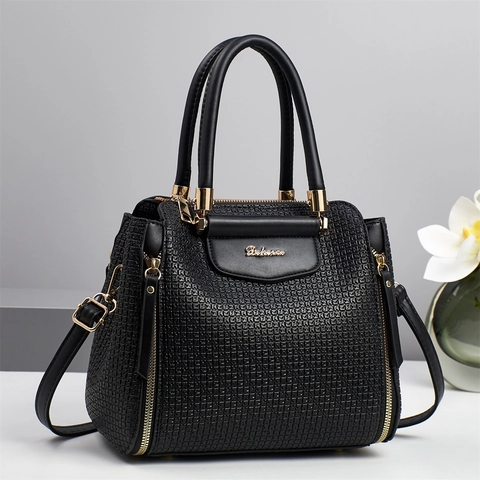 Women Embossed PU Leather Handbag Elegant Geometric Pattern Top Handle Shoulder Crossbody Bag Casual Fashion