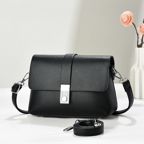Minimalist Women Litchi Pattern PU Leather Crossbody Bag Small Square Shoulder Handbag With Adjustable Strap Silver Buckle