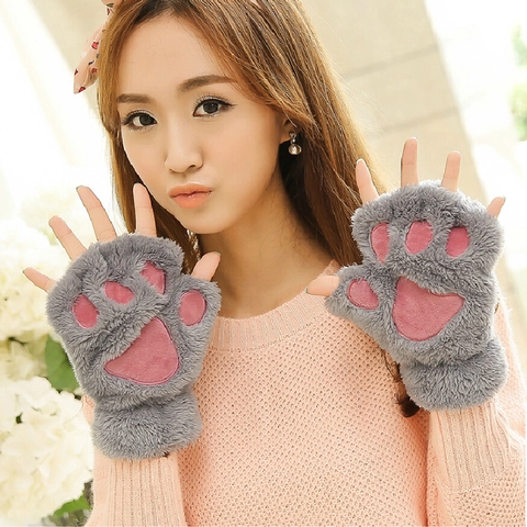 Katzenpfote Fingerlose Handschuhe Plüsch Kunstfell Warm Winter Süße Cartoon Fäustlinge Für Damen Mit Umhängeband