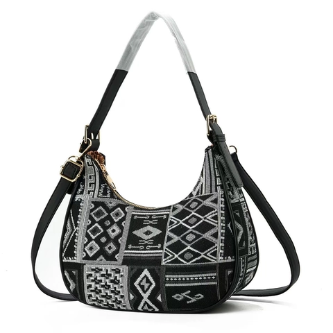 Vintage Jacquard Fabric Hobo Shoulder Bag Women Underarm Crossbody Bag Geometric Checkerboard Pattern Trendy Casual Style