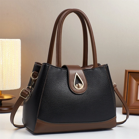 Borsa Da Donna In Pelle PU Grana Litchi Borsa A Tracolla Grande Capacità Con Chiusura A Goccia D'Acqua Dorata Elegante Ufficio Quotidiano
