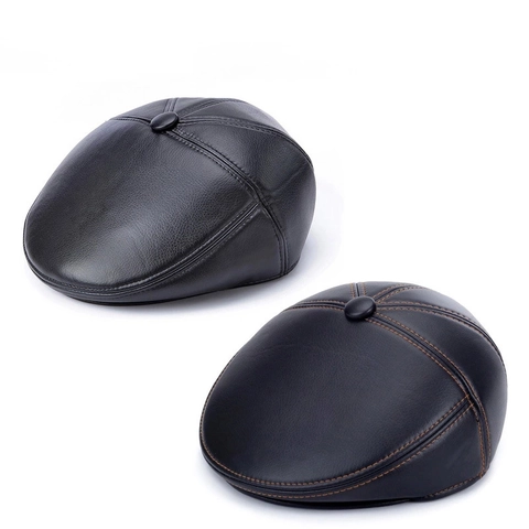 Men's Faux Leather Flat Cap Classic Winter Warm Ivy Newsboy Driving Hat With Ear Protection Solid Color