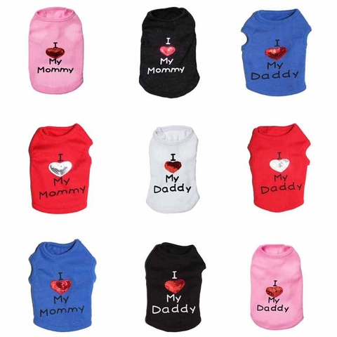 Pet Dog Cat Vest Ribbed Cotton Tank Top Sequin Heart I Love My Mommy Daddy Sleeveless Apparel Casual Summer Clothes