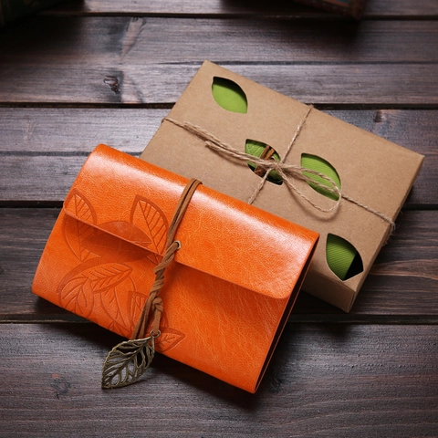 Retro Leather Loose-leaf Notebook With Metal Leaf Pendant Kraft Paper Inner Diary Journal Stationery Gift For Travel