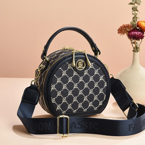 Vintage Round Crossbody Bag PU Leather Monogram Print Circle Handbag With Wide Webbing Strap For Women