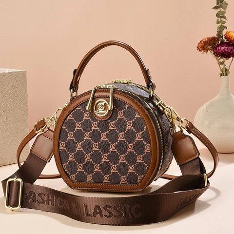 Vintage Round Crossbody Bag PU Leather Monogram Print Circle Handbag With Wide Webbing Strap For Women
