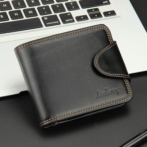 Portafoglio Corto Bifold Pelle PU Chiusura Bottone Slot Carte Finestra Foto Business Casual Uomini Moda Borsellino