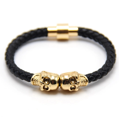 Braided Cowhide Leather Bracelet Alloy Skull Charms Copper Magnetic Clasp Punk Gothic Jewelry For Men Women