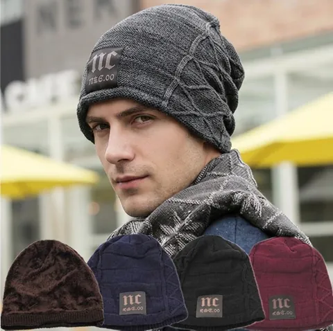 Winter Knitted Beanie Hat Fleece Lined Thickened Warm Skull Cap Letter Label Solid Color Casual Men Women