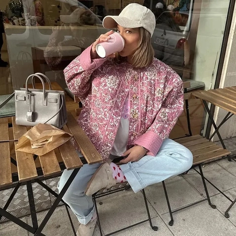 Women Quilted Jacket Floral Print Round Neck Cardigan Cotton Padded Coat Retro French Pastoral Style Loose Fit Outwear