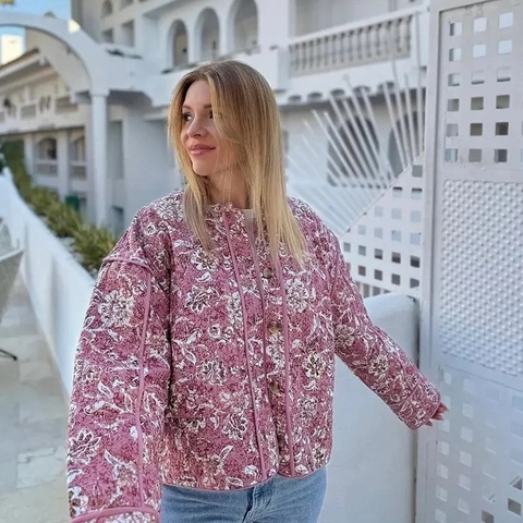Women Quilted Jacket Floral Print Round Neck Cardigan Cotton Padded Coat Retro French Pastoral Style Loose Fit Outwear