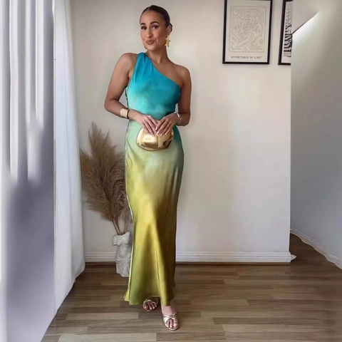Women One Shoulder Satin Maxi Dress Ombre Gradient Backless Elegant Party Evening Vacation Bodycon Sexy