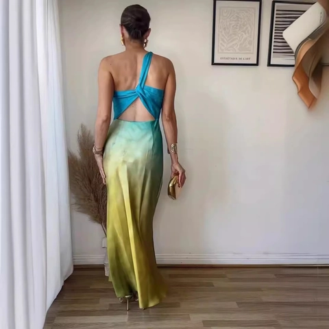 Women One Shoulder Satin Maxi Dress Ombre Gradient Backless Elegant Party Evening Vacation Bodycon Sexy