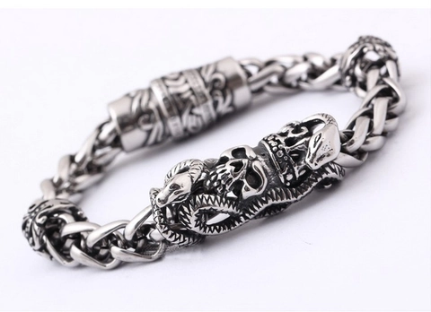 Braccialetto da Uomo Gotico Punk in Acciaio Inossidabile Con Teschio e Serpente Chiusura Magnetica Catena Intrecciata Gioielli