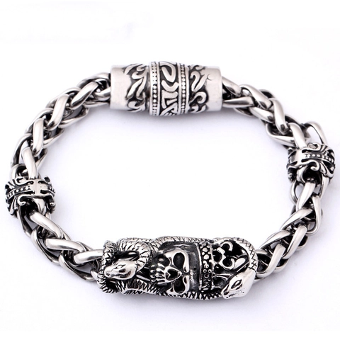 Braccialetto da Uomo Gotico Punk in Acciaio Inossidabile Con Teschio e Serpente Chiusura Magnetica Catena Intrecciata Gioielli