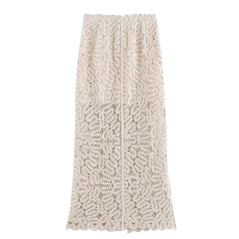 Women Crochet Knit Hollow Out Top And Midi Skirt Set Beige Boho Style Long Sleeve Knitwear Separate Sold Clothing