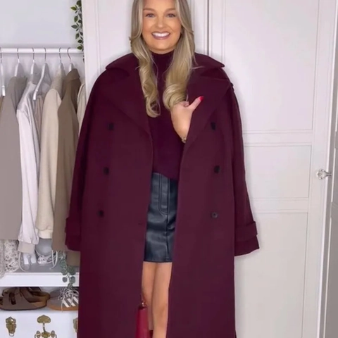 Damen Weinrot Wollmantel Langarm Revers Locker Winter Elegant Warm Außenbekleidung Gürtel Übermantel