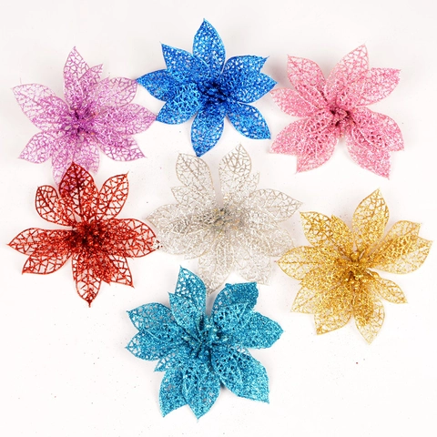 Kunstmatige Kerstbloem PVC Glitter Glinsterend Hol Ontwerp Voor Kerstboom Krans Decoratie Vakantie Ornament