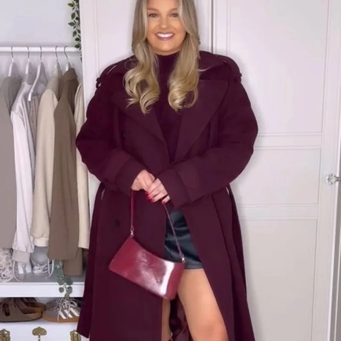 Damen Weinrot Wollmantel Langarm Revers Locker Winter Elegant Warm Außenbekleidung Gürtel Übermantel