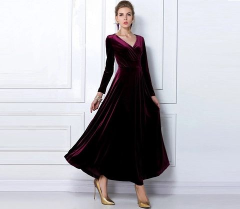 Long Sleeve Velvet Maxi Dress V Neck High Waist Solid Color Large Swing Elegant Evening Party A Line For Women