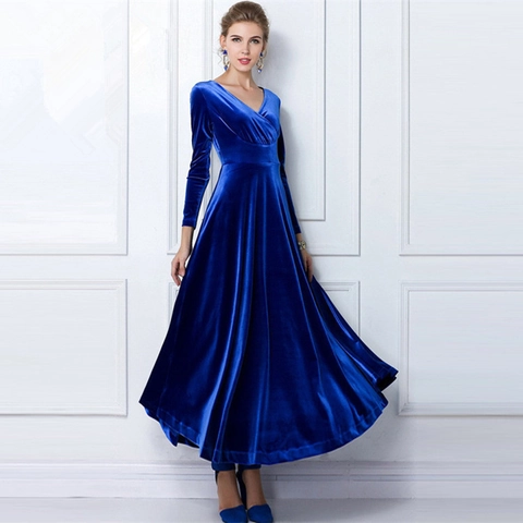 Long Sleeve Velvet Maxi Dress V Neck High Waist Solid Color Large Swing Elegant Evening Party A Line For Women