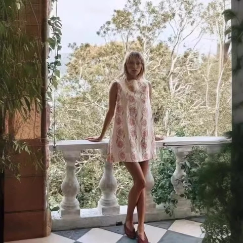 Women Sleeveless Floral Print Mini Dress Slub Linen Round Neck A-Line Summer Vacation Holiday Casual Style