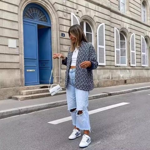 Women Quilted Jacket Polyester Ethnic Rhombus Pattern Long Sleeve Loose Fit Bohemian Style Blue Casual Outerwear