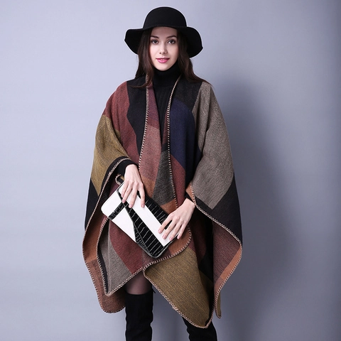 Women's Vintage Ethnic Poncho Shawl Faux Cashmere Geometric Pattern Winter Warm Split Cloak Wrap For Travel Daily Wear