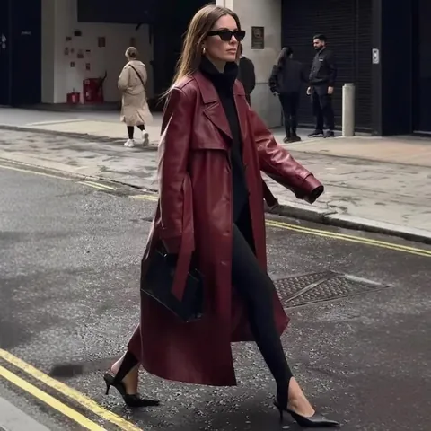 Women Long Leather Trench Coat PU Faux Leather Notched Lapel Belted Waist Casual Loose Autumn Winter Streetwear Outerwear